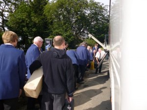 At the meeting place - 7:30am 9-9-12 loading up for the trip to the Hardraw Brass Band Contest